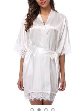 White Satin Lace Trim Robe - Women Intimates & Sleepwear